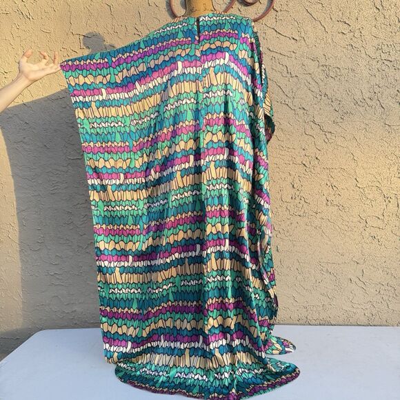OOAK Vintage Striped Geometric Jewel Tone Handmade Maxi Kaftan W Belt Size M/L - Picture 3 of 10